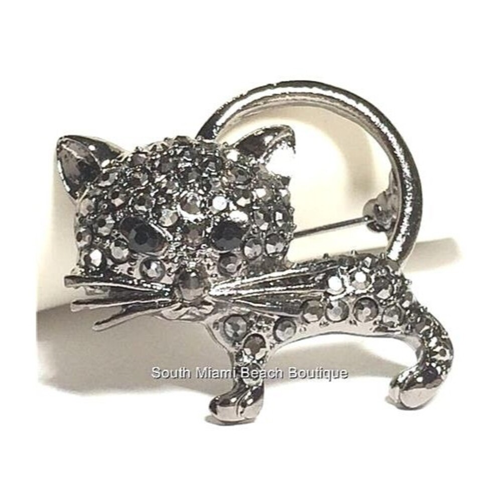Vtg Silver Tone Crystal Kitty Cat Pin Brooch Black Kitten Lady Vet Tech Gift